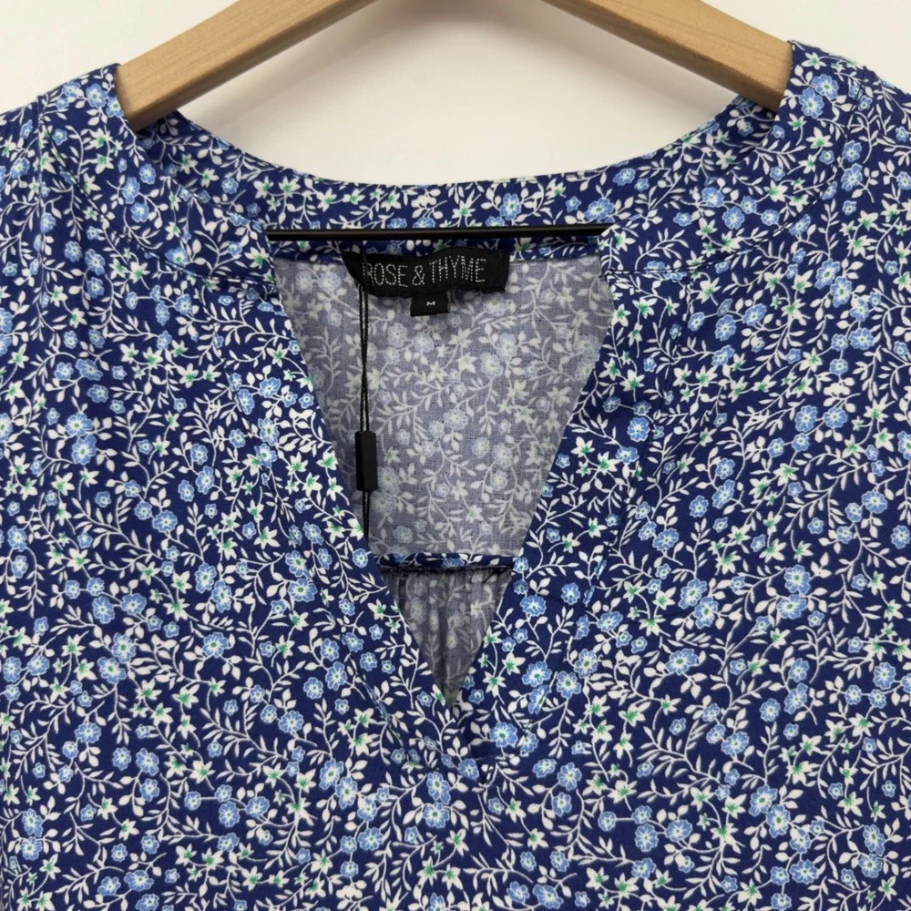 Rose & Thyme Floral Blouse Tie Sleeve V-Neck Blue M Cottagecore Boho Peasant